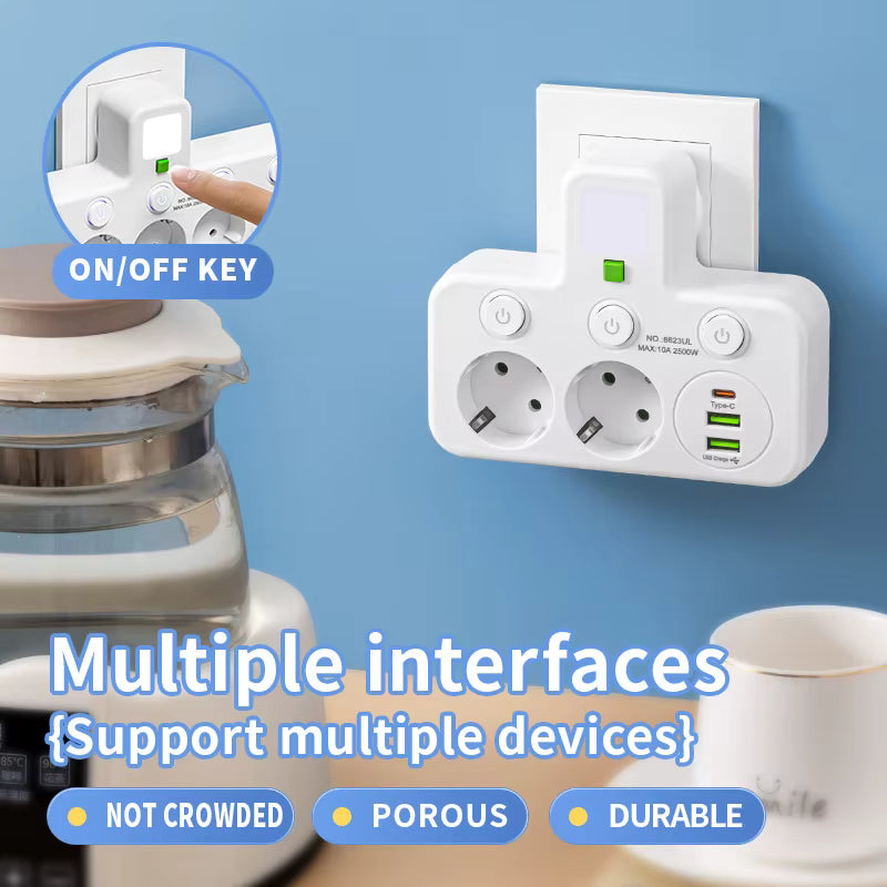 Enchufe europeo, 4 enchufes, regleta de pared multiap, toma de corriente, 2 puertos USB 1 tipo C, sin cable de extensión con alimentación máxima de 2500W