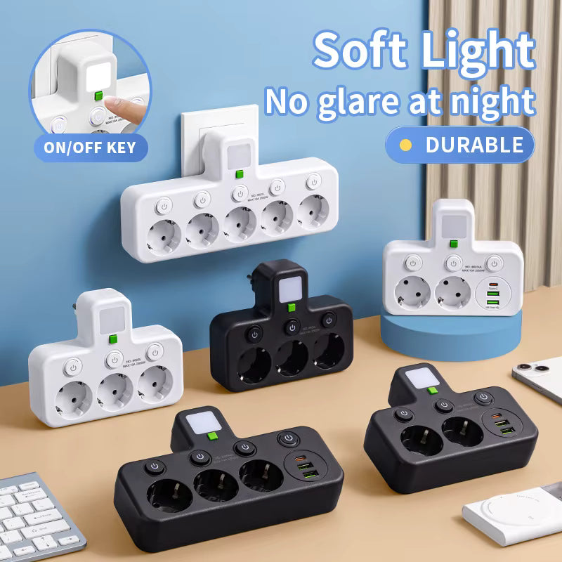 Enchufe europeo, 4 enchufes, regleta de pared multiap, toma de corriente, 2 puertos USB 1 tipo C, sin cable de extensión con alimentación máxima de 2500W