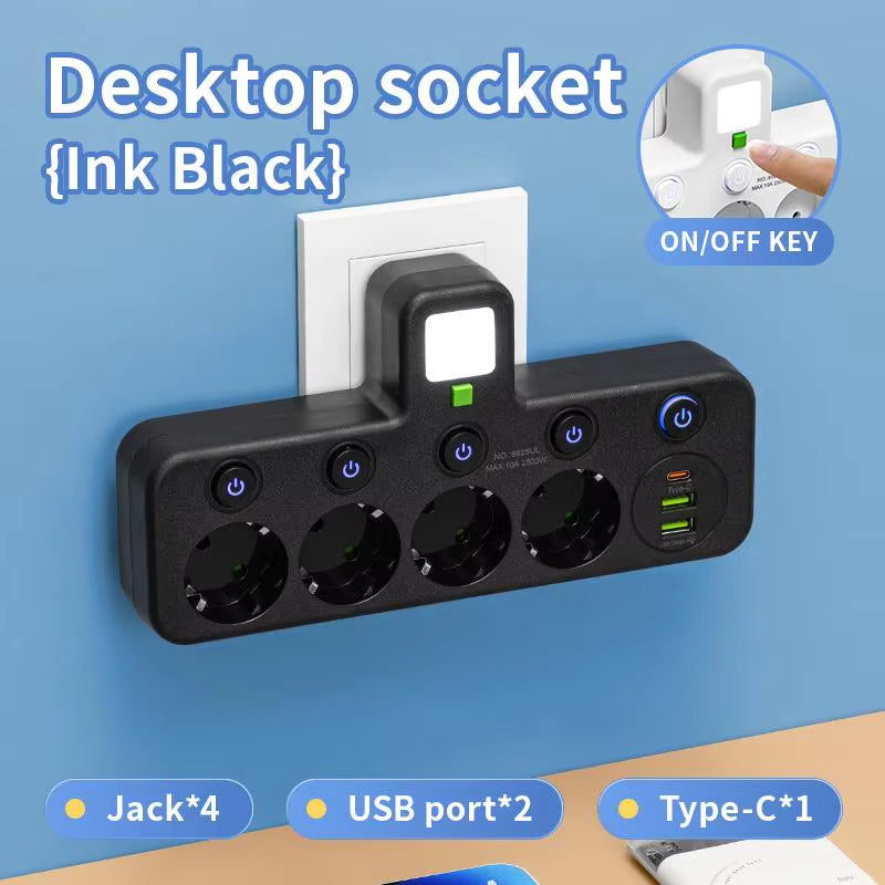 Enchufe europeo, 4 enchufes, regleta de pared multiap, toma de corriente, 2 puertos USB 1 tipo C, sin cable de extensión con alimentación máxima de 2500W